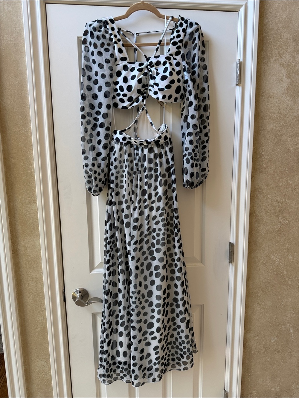 PatBO White and Black Polka Dot Long Sleeve Cutout Maxi Dress
